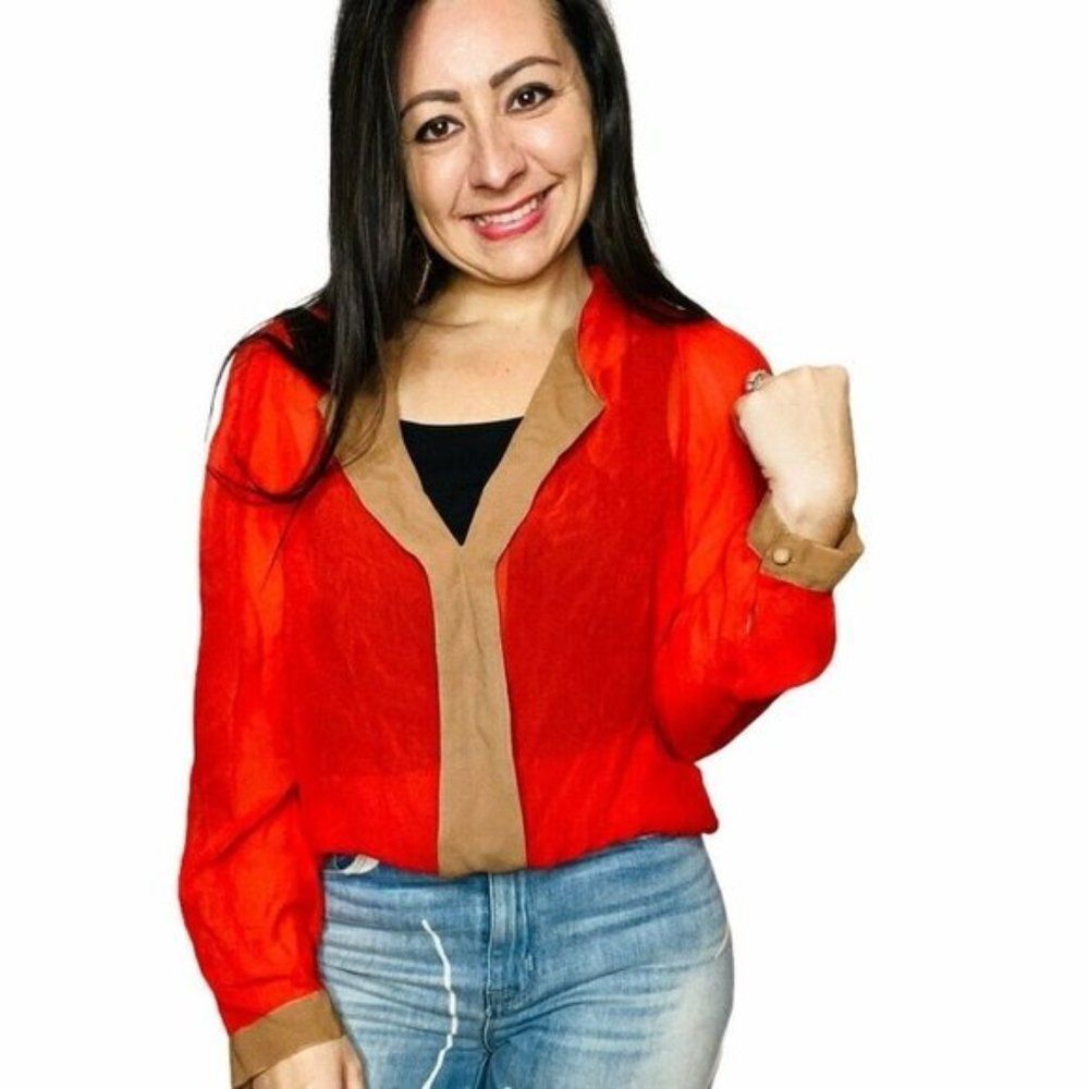 SAM&LAVI Sheer Orange Blouse V-Neck womens size Me